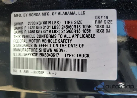 2019 Honda Ridgeline Sport из США, поврежденный, VIN 5FPYK3F19KB043617